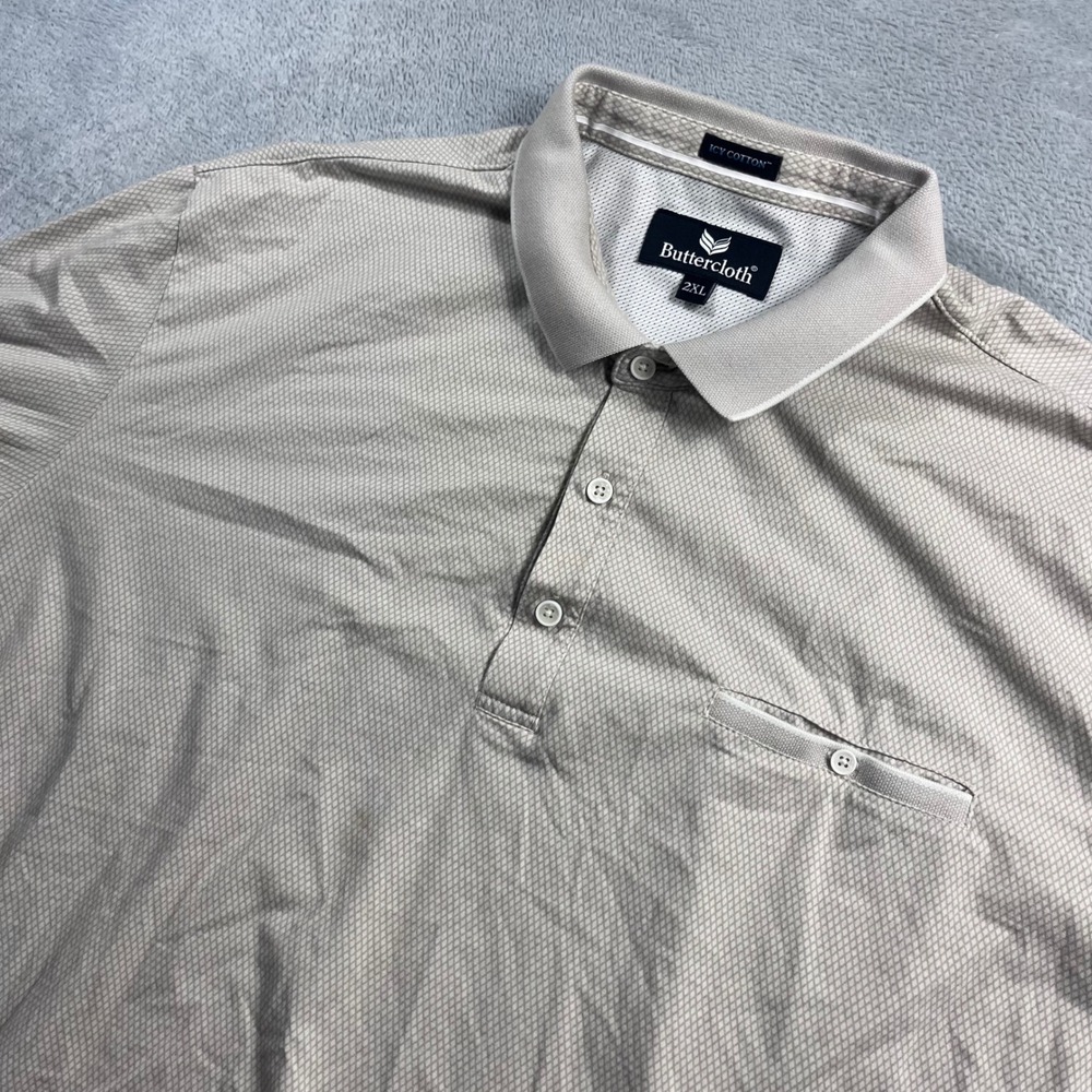 Buttercloth Icy Cotton Polo Shirt Mens 2XL Tan Geometric‎ Diamond Print Pocket